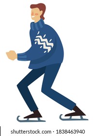 Man wearing warm sweater practicing figure skating, isolated male character on ice rink. Winter sports, holidays and weekends leisure during cold season. Person in motion, vector in flat style
