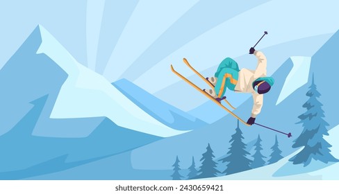 Man wearing warm white sport suit and goggles doing ski freestyle on downhill. Picturesque landscape view. Snowy mountain in background. Winter outdoor activity. Healthy lifestyle. Vector illustration