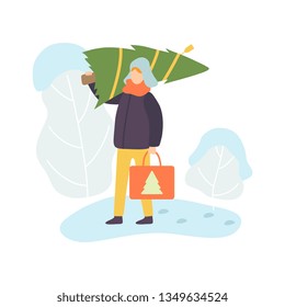 Man Wearing Warm Winter Clothes Carrying Christmas Tree On His Shoulder Vector Illustration