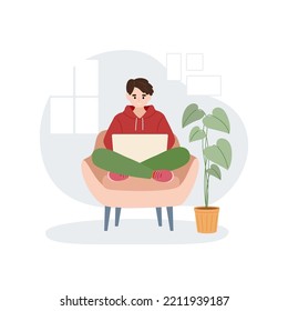 Man Wearing Warm Winter Clothes Working At The Laptop At Home. Work From Home, Freelance. Vector Illustration.