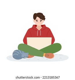 Man Wearing Warm Winter Clothes Working At The Laptop At Home. Work From Home, Freelance. Cute Cat. Vector Illustration.