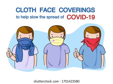 Man wearing washable fabric face mask or cloth face covering to help slow the spread of viruses and protect themself from COVID-19. They are made from scarf, cotton, handkerchief. Vector illustration