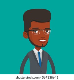Man wearing wearable computer with an optical head-mounted display. Young african-american man in wearable computer. Smiling man using wearable computer. Vector flat design illustration. Square layout