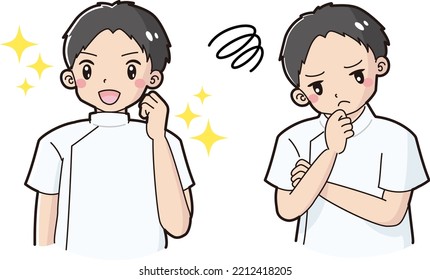 A man wearing a white coat with an excited expression and a troubled expression illustration set