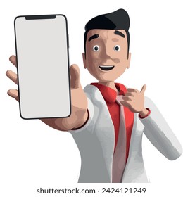 Ein Mann mit Weiß
Jacke und schwarzes Haar gibt einen Daumen mit der einen Hand und hält ein Telefon mit der anderen. Mock-up-Illustration, Vektorgrafik
