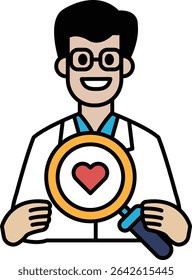 A man wearing a white lab coat holding a magnifying glass with a heart in the center. The man is smiling and he is happy