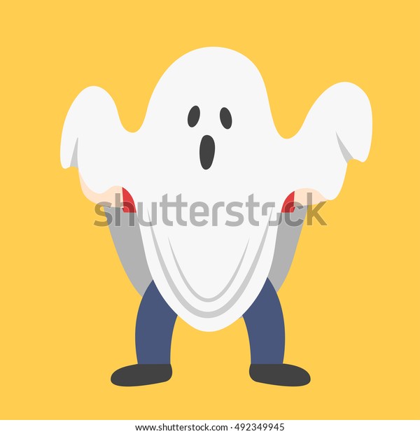 白い霊をかぶった男がハロウィーン祭りで幽霊に変装した キャラクターデザインのベクターイラスト かわいいカートーン のベクター画像素材 ロイヤリティフリー