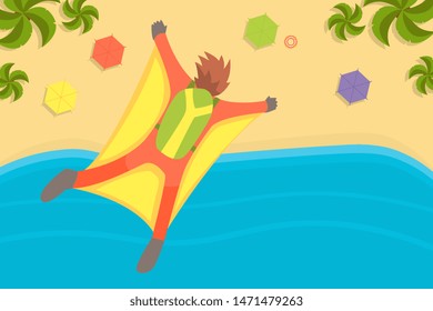 Man Wearing Wing Suit Flying In Sky Under Tropical Beach, Skydiving Extreme Sport Vector Illustration