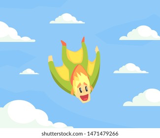 Man Wearing Wing Suit Flying In Sky, Skydiving Extreme Sport Vector Illustration