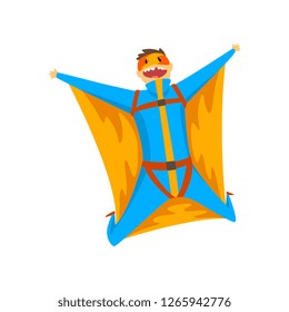 Man wearing wingsuit flying in the sky, skydiving, parachuting extreme sport vector Illustration on a white background