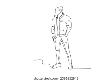 A man wearing winter clothes gallantly. Winter outfit one-line drawing