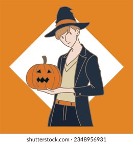 Man wearing wizard costume, holding carving pumpkins or jack-o-lantern pumpkin for Halloween party. Hand drawn flat cartoon character vector illustration