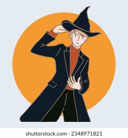 Man wearing wizard or witch costume for Halloween party. Hand drawn flat cartoon character vector illustration