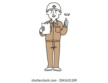 A man wearing work clothes doing thumbs up and holding a binder