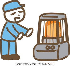 A man wearing work clothes warming his body with a heater