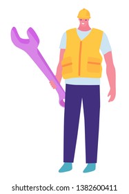 Man wearing working clothes and holding a wrench isolated on white background. Concept flat illustration with colored characters.