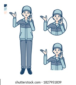 A Man wearing workwear with Call on smartphone images.
It's vector art so it's easy to edit.
