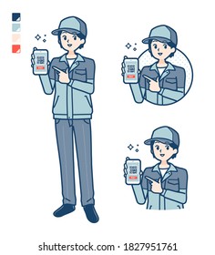 A Man wearing workwear with cashless payment on smartphone images.
It's vector art so it's easy to edit.
