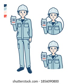 A Man wearing workwear with cashless payment on smartphone images.
It's vector art so it's easy to edit.

