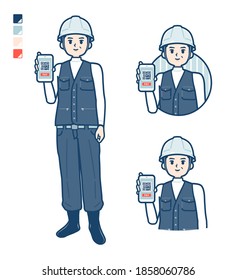 A Man wearing workwear with cashless payment on smartphone images.
It's vector art so it's easy to edit.
