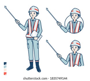 A Man wearing workwear with Explanation with a pointing stick image.
It's vector art so it's easy to edit.
