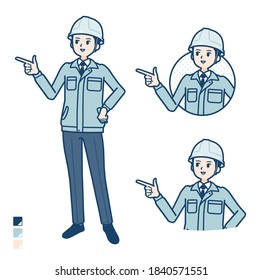 A Man wearing workwear with Explanation Pointing image.
It's vector art so it's easy to edit.
