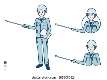 A Man wearing workwear with Explanation with a pointing stick image.
It's vector art so it's easy to edit.
