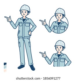 A Man wearing workwear with Explanation Pointing image.
It's vector art so it's easy to edit.
