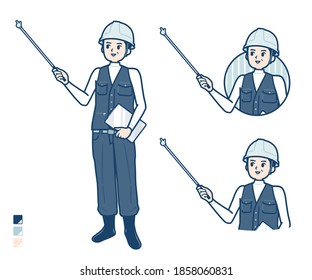 A Man wearing workwear with Explanation with a pointing stick image.
It's vector art so it's easy to edit.
