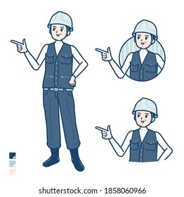 A Man wearing workwear with Explanation Pointing image.
It's vector art so it's easy to edit.

