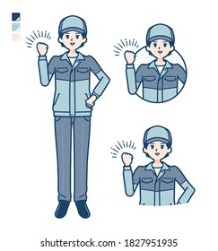 A Man wearing workwear with fist pump images.
It's vector art so it's easy to edit.

