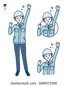 A Man wearing workwear with fist pump images.
It's vector art so it's easy to edit.
