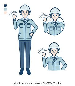 A Man wearing workwear with fist pump images.
It's vector art so it's easy to edit.
