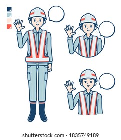 A Man wearing workwear with greeting images.
It's vector art so it's easy to edit.
