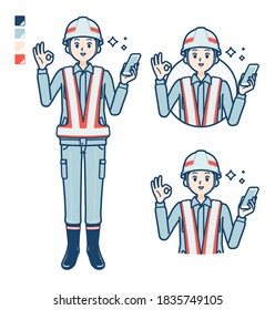 A Man wearing workwear with Holding a smartphone and doing an OK sign images.
It's vector art so it's easy to edit.
