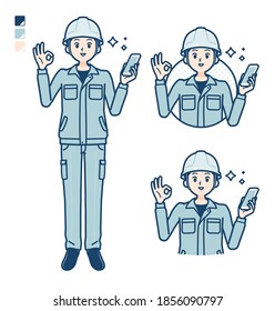 A Man wearing workwear with Holding a smartphone and doing an OK sign images.
It's vector art so it's easy to edit.
