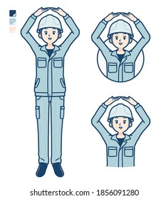 A Man wearing workwear with Making a circle with arms images.
It's vector art so it's easy to edit.

