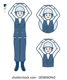A Man wearing workwear with Making a circle with arms images.
It's vector art so it's easy to edit.
