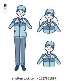 A Man wearing workwear with making a heart symbol by hand images.
It's vector art so it's easy to edit.
