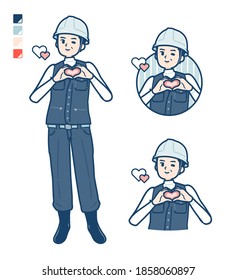 A Man wearing workwear with making a heart symbol by hand images.
It's vector art so it's easy to edit.
