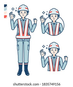 A Man wearing workwear with OK sign images.
It's vector art so it's easy to edit.
