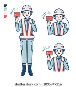 A Man wearing workwear with pointing at credit card images.
It's vector art so it's easy to edit.
