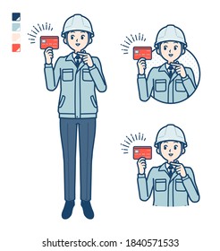 A Man wearing workwear with pointing at credit card images.
It's vector art so it's easy to edit.

