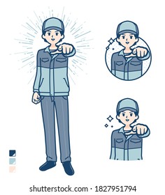 A Man wearing workwear with Pointing to the front images.
It's vector art so it's easy to edit.
