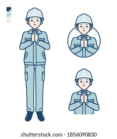 A Man wearing workwear with press hands in prayer images.
It's vector art so it's easy to edit.

