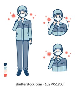 A Man wearing workwear with Put on a mask and cough images.It's vector art so it's easy to edit.