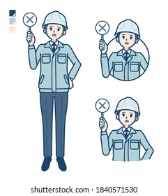 A Man wearing workwear with Put out a cross panel image.
It's vector art so it's easy to edit.
