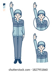 A Man wearing workwear with raise hand images.
It's vector art so it's easy to edit.
