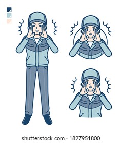 A Man wearing workwear with Warned loudly images.
It's vector art so it's easy to edit.
