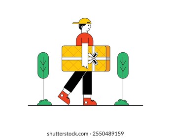 A man wearing a yellow hat is walking while carrying a large gift, to give to his girlfriend. Character design. Vector flat illustration